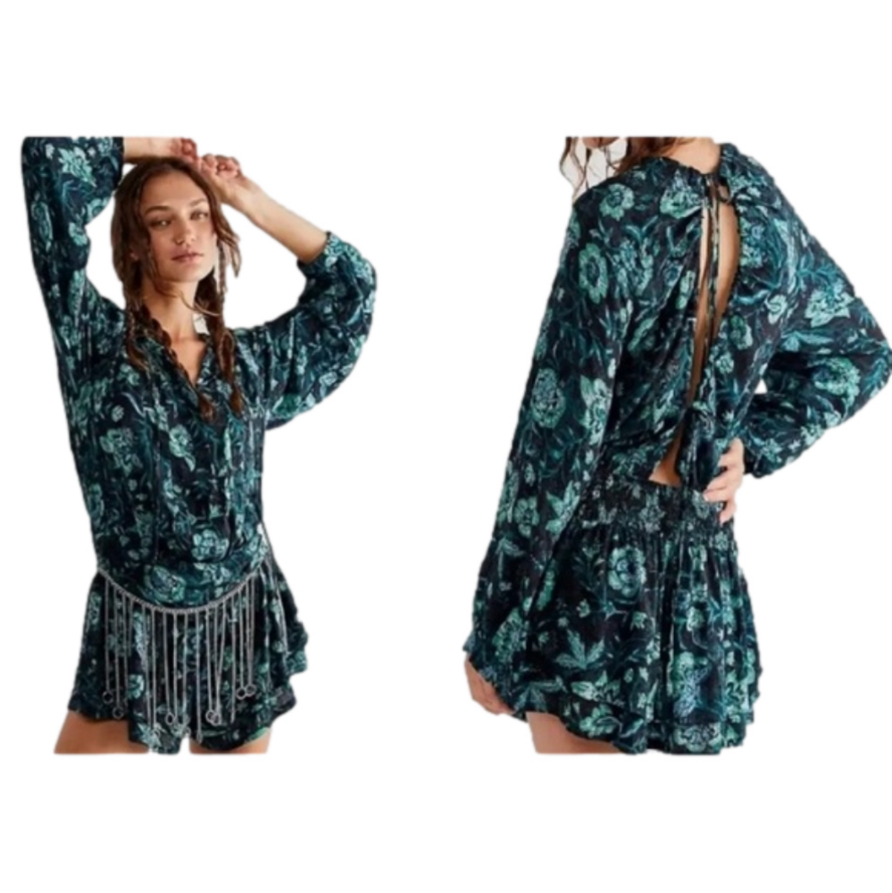 FREE PEOPLE Dance ‘Til Dawn Green Black Floral Romper NWOT Size S SKU0643 - Picture 10 of 10